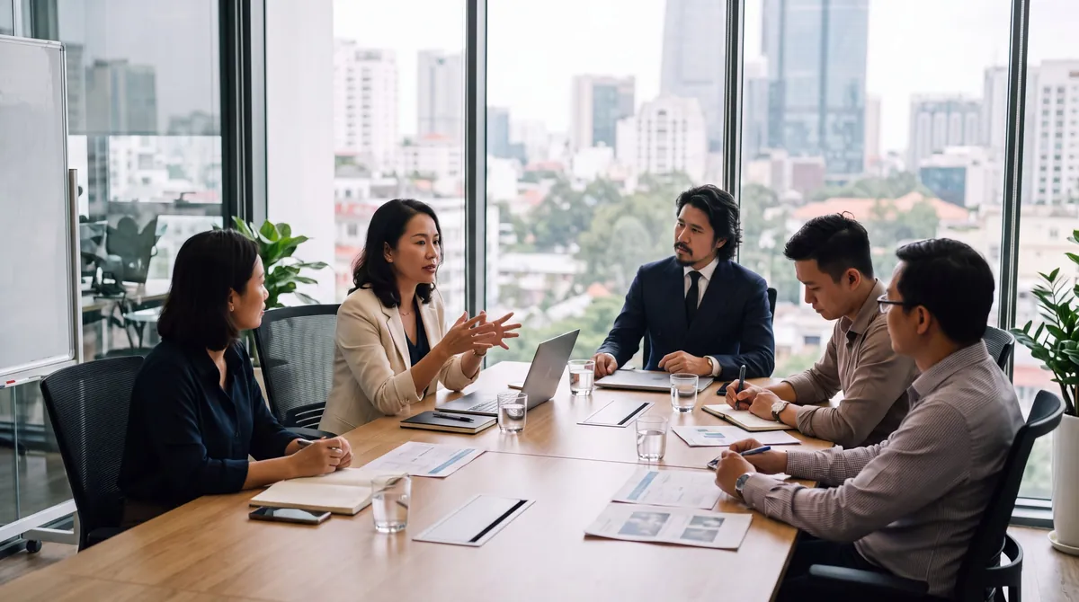 Tu Nguyen leading a strategy session with a client leadership team in Ho Chi Minh City