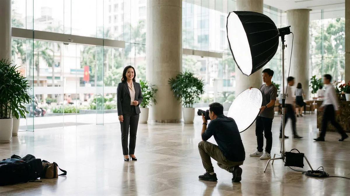 A photographer shooting an executive portrait in a Ho Chi Minh City office lobby